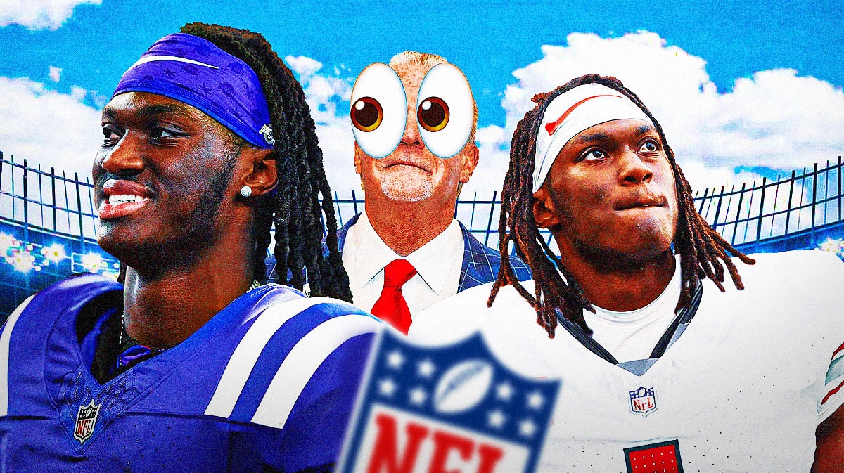 Marvin Harrison Jr. in an Indianapolis Colts jersey, in a Arizona Cardinals jersey, Jim Irsay with big bulging cartoon eyes