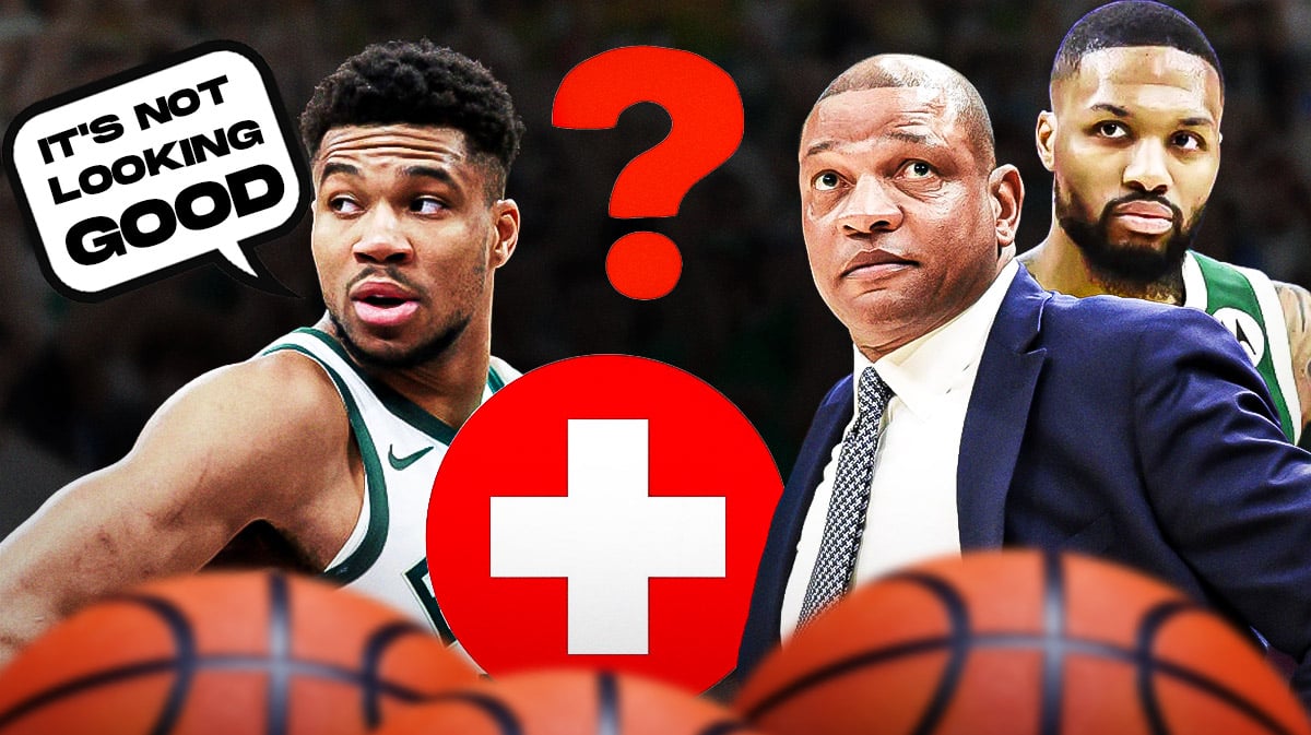 Bucks' Giannis Antetokounmpo saying "It's not looking good" next to Doc Rivers and Damian Lillard