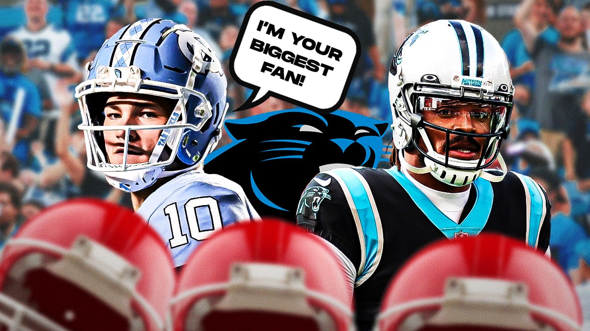 University of North Carolina QB Drake Maye next to former Carolina Panthers QB Cam Newton. Maye has a speech bubble that says “I’m your biggest fan!” They are next to a logo for the Carolina Panthers.