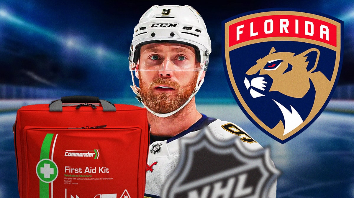 Sam Bennett in image looking stern, first aid kit, FLA Panthers logo, hockey rink in background