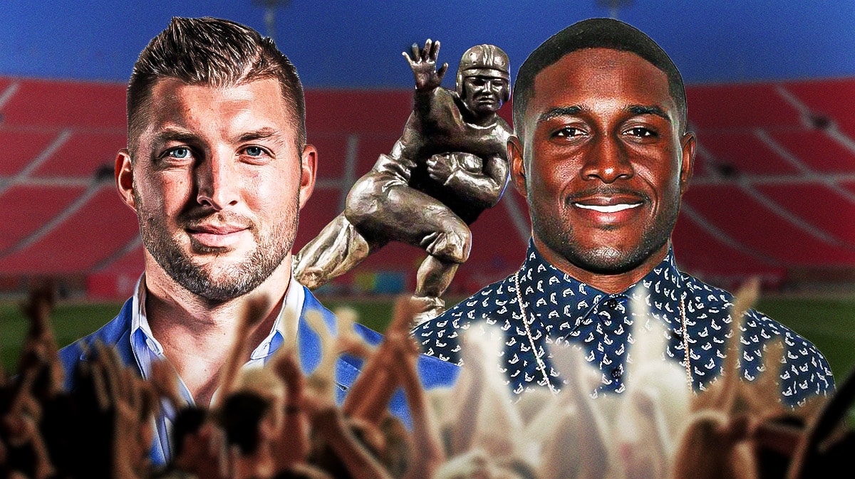 Tim Tebow, Reggie Bush, Heisman, Reggie Bush Heisman, Reggie Bush Tim Tebow, Tim Tebow and Reggie Bush with Heisman Trophy in the background