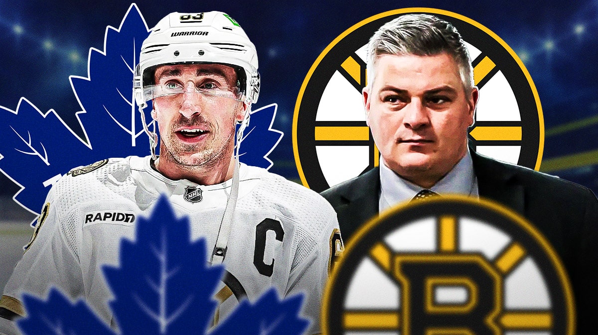 Brad Marchand in image looking happy, Sheldon Keefe looking stern, TOR Maple Leafs and BOS Bruins logos, hockey rink in background