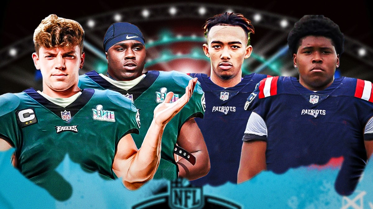 Cooper DeJean and Jalyx Hunt in Philadelphia Eagles uniforms on one side, Ja'Lynn Polk and Caedan Wallace on the other side in New England Patriots uniforms