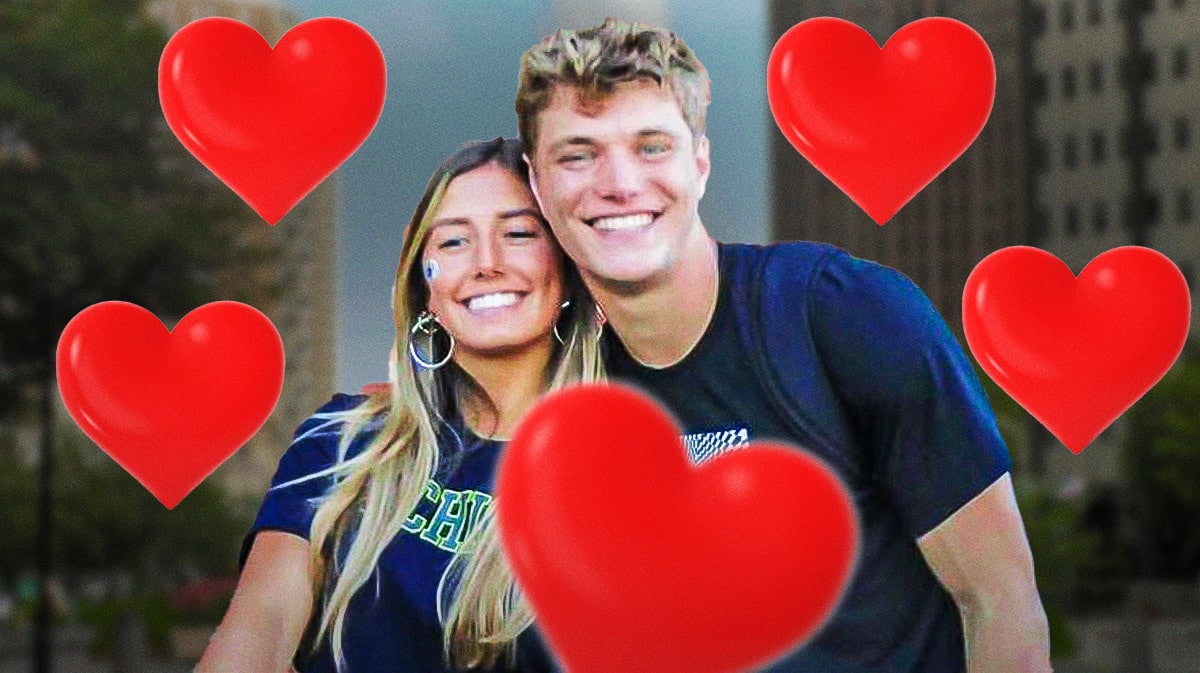 JJ McCarthy with fiancee Katya Kuropas, surrounded by hearts.