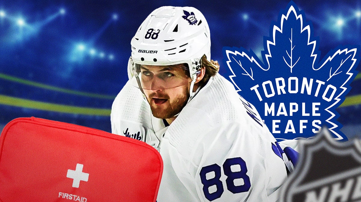 William Nylander in image looking stern, first aid kit, Toronto Maple Leafs logo, hockey rink in background