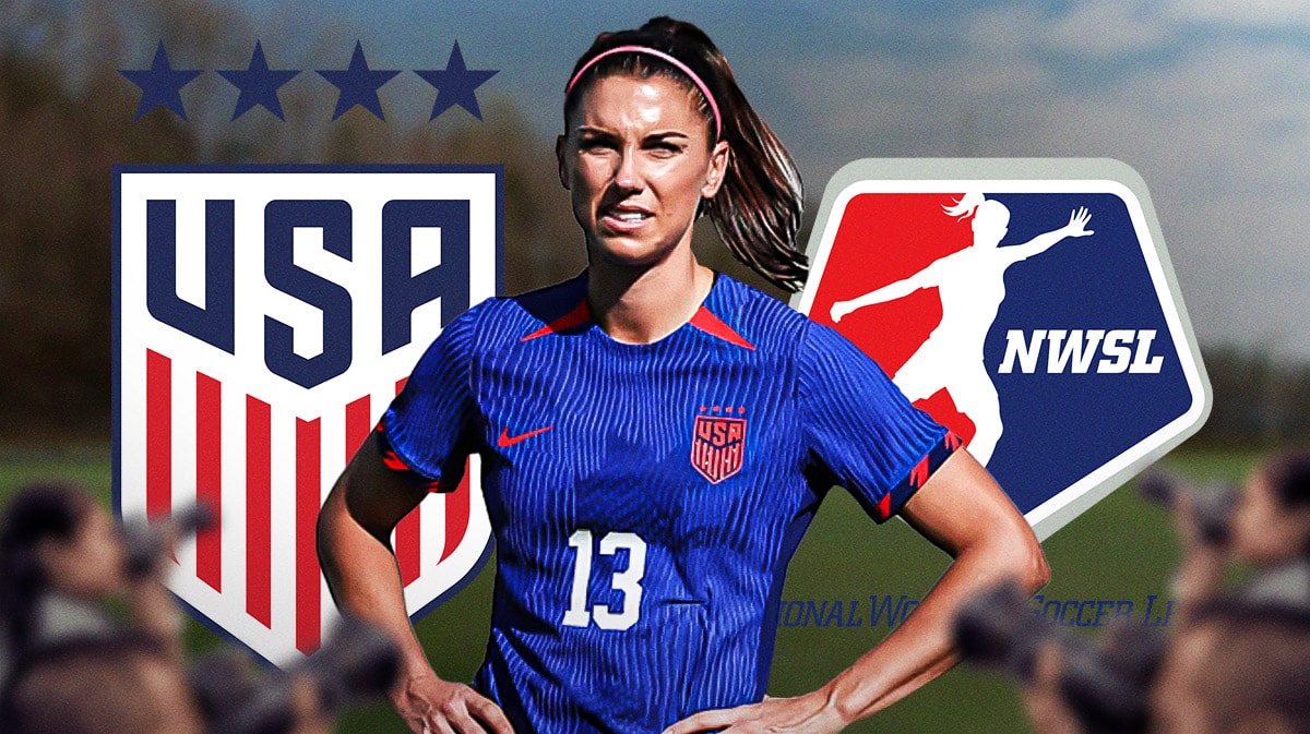 Alex Morgan sad/looking down in front of the USWNT and NWSL logos