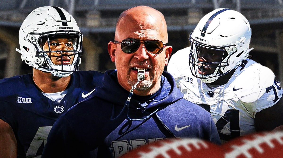 Penn State football, James Franklin, NFL Draft, Olu Fashanu, Chop Robinson, James Franklin, Chop Robinson and Olu Fashanu with Penn State football stadium in the background