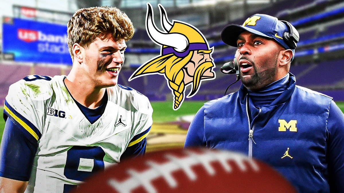 Vikings, JJ McCarthy, Sherrone Moore, NFL Draft, JJ McCarthy Vikings, JJ McCarthy and Sherrone Moore with Vikings logo and Vikings stadium in the background