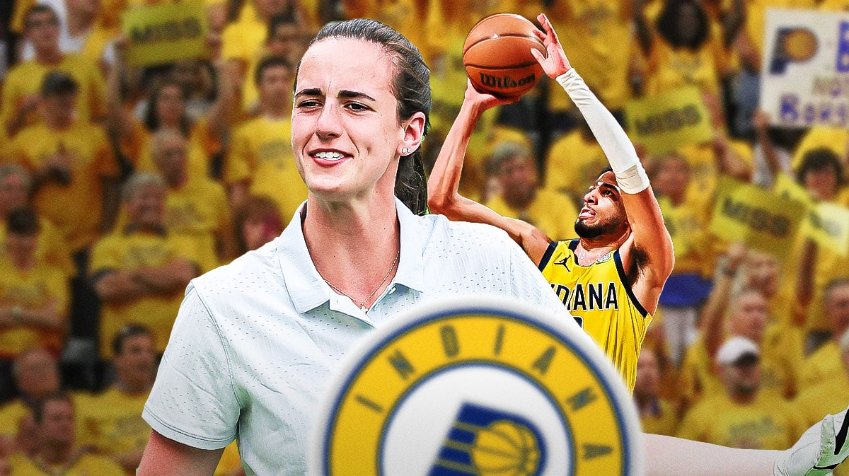 Indiana Fever star Caitlin Clark in front of Pacers star Tyrese Haliburton