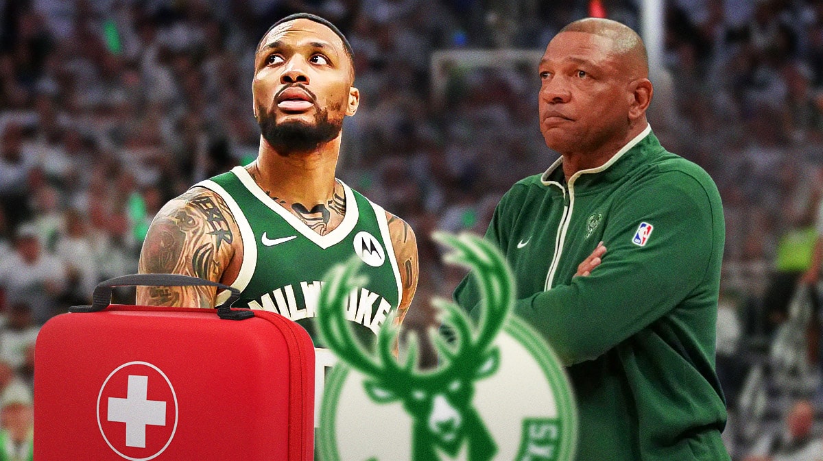 Bucks' Damian Lillard with medical kit in front of him, head coach Doc Rivers