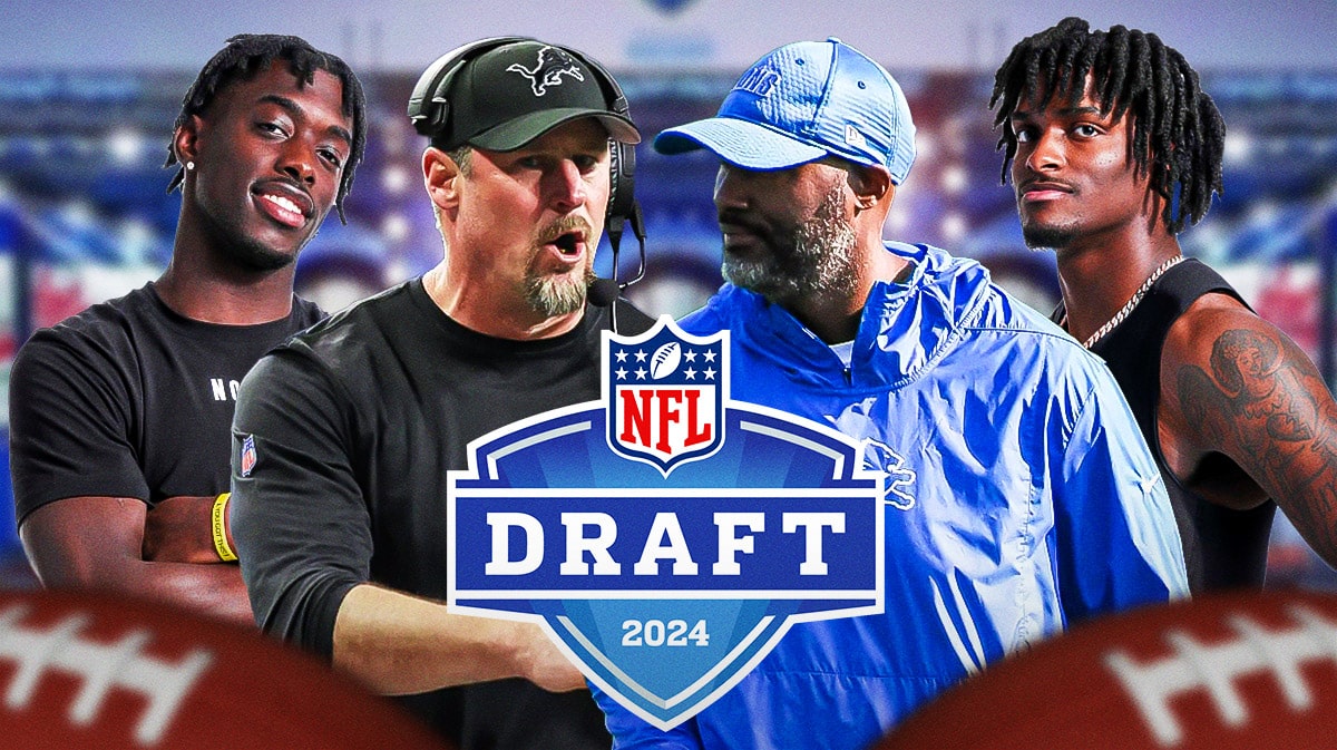 Detroit Lions head coach Dan Campbell and general manager Brad Holmes with Alabama cornerback Terrion Arnold and Missouri cornerback Ennis Rakestraw Jr. There is also a logo for the 2024 NFL Draft.