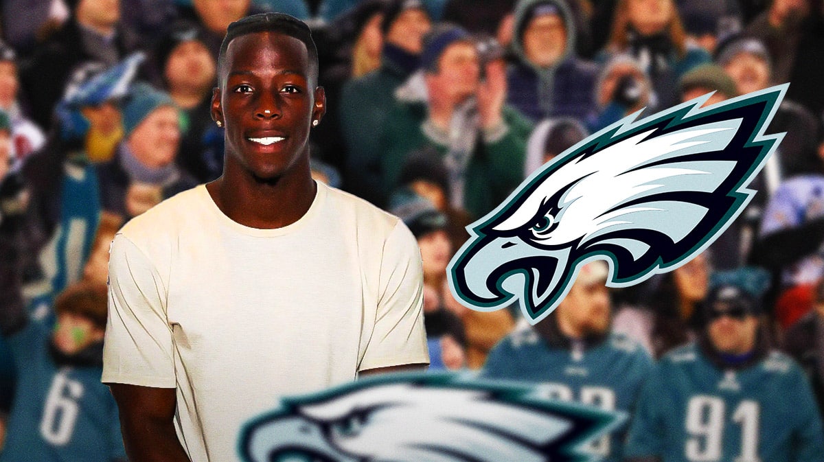 Former Bengals wide receiver John Ross next to a logo for the Philadelphia Eagles.