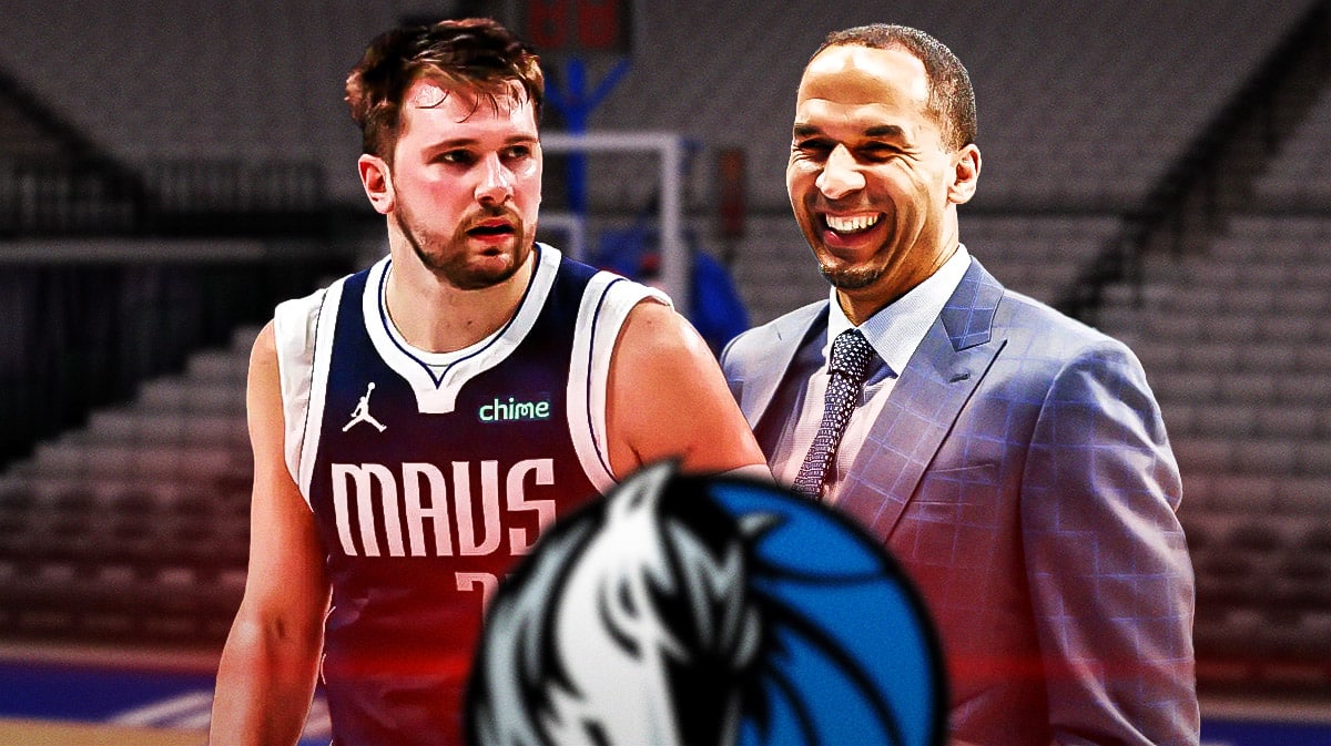 Dallas Mavericks star Luka Doncic and general manager Nico Harrison in front of American Airlines Center.
