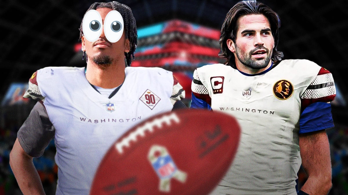 Jayden Daniels on one side in a Washington Commanders uniform with the big eyes emoji over his face, Sam Hartman on the other side in a Washington Commanders uniform