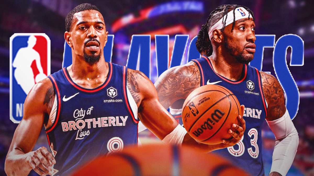 76ers' De'Anthony Melton and Robert Covington in front of the NBA playoffs logo