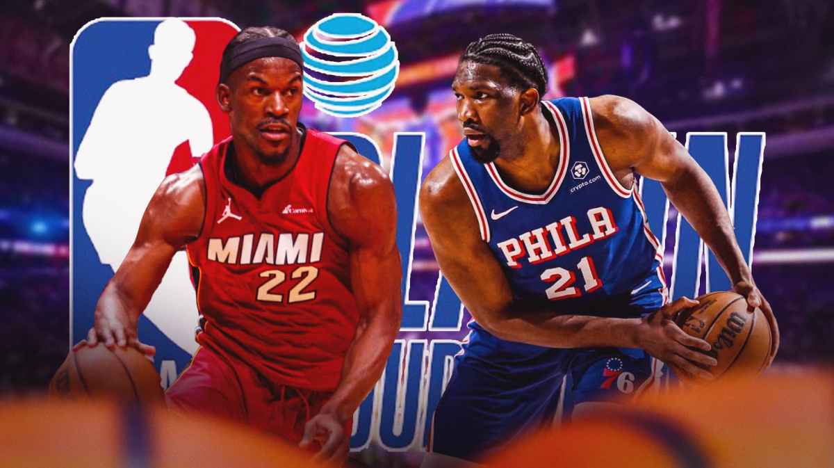 Heat's Jimmy Butler and 76ers' Joel Embiid in front of the NBA play-in tournament logo