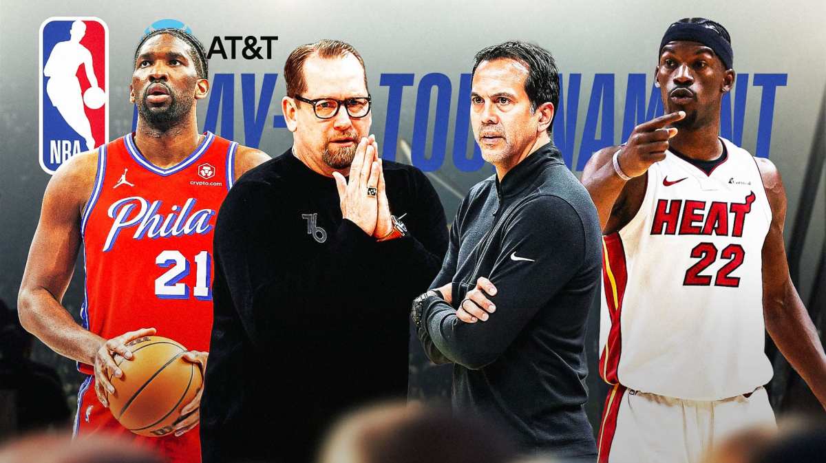 76ers' Joel Embiid and Nick Nurse and Heat's Erik Spoelstra and Jimmy Butler in front of the NBA play-in tournament logo