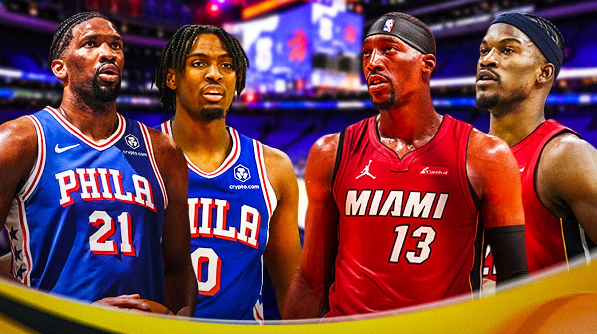 76ers' Joel Embiid and Tyrese Maxey and Heat's Bam Adebayo and Jimmy Butler
