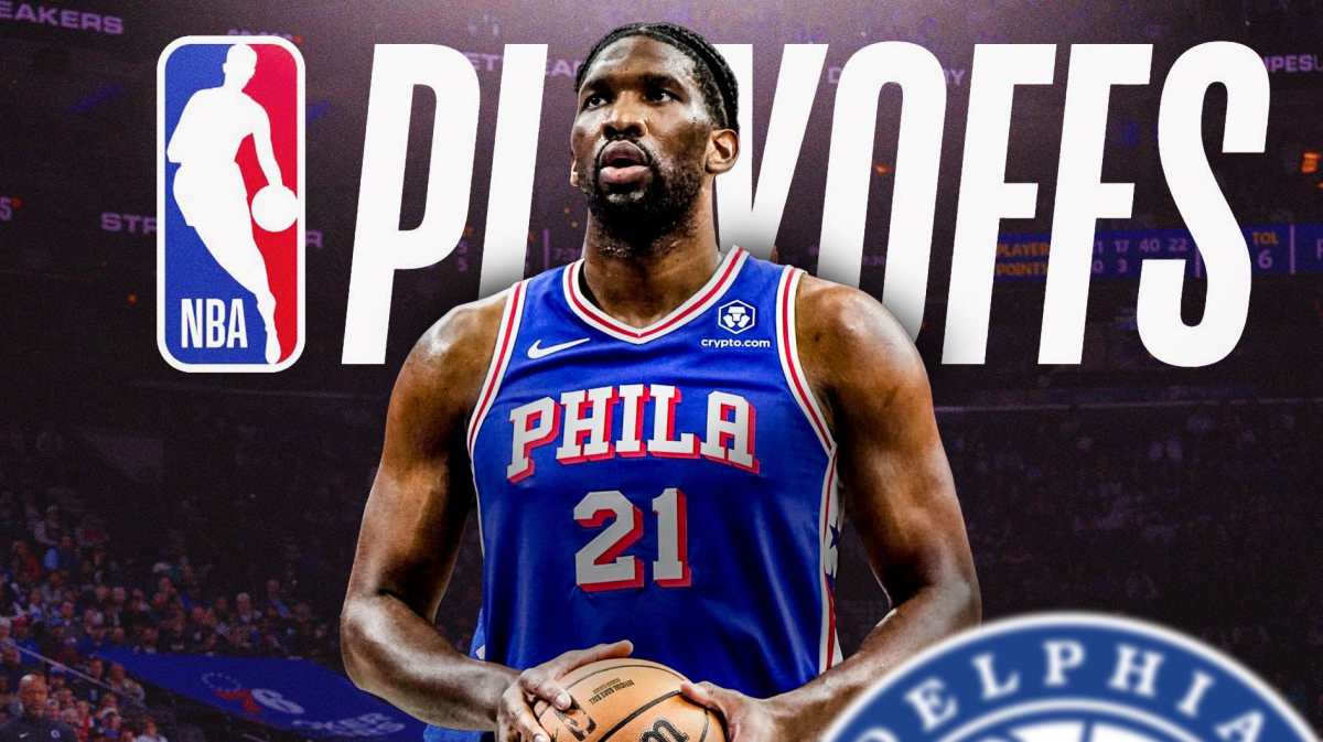 76ers' Joel Embiid in front of the NBA playoffs logo