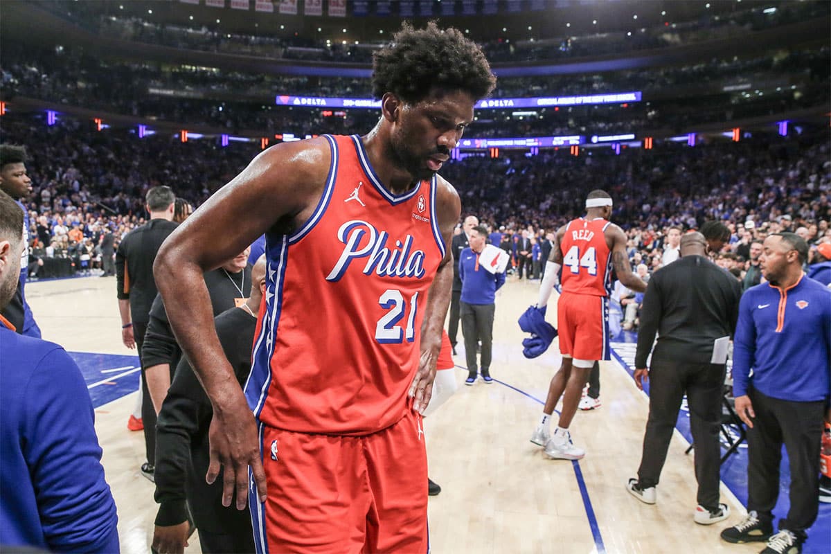 Philadelphia 76ers center Joel Embiid (21) walks off the court in the second quarter during game one of the first round for the 2024 NBA playoffs against the New York Knicks at Madison Square Garden