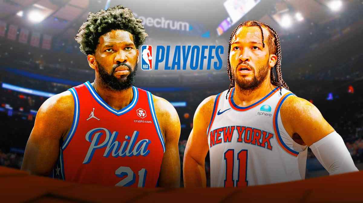 76ers' Joel Embiid and Knicks' Jalen Brunson next to NBA Playoffs logo