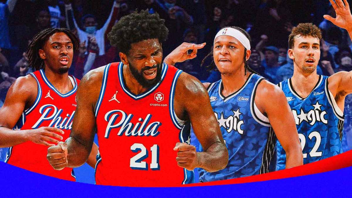 76ers' Joel Embiid and Tyrese Maxey and Magic's Paolo Banchero and Franz Wagner