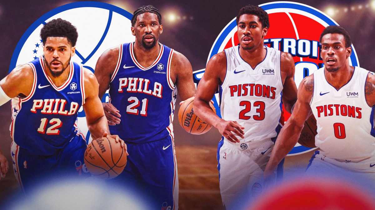 76ers' Tobias Harris and Joel Embiid and Pistons' Jaden Ivey and Jalen Duren