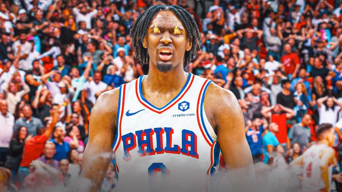 76ers' Tyrese Maxey with fire coming out of his eyes
