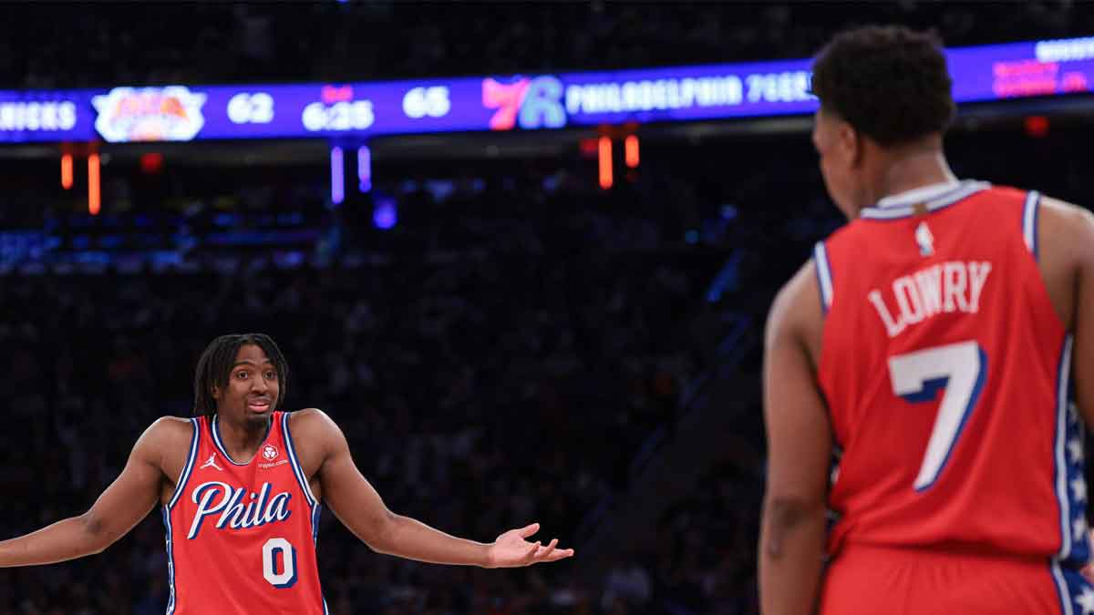 Philadelphia 76ers guard Tyrese Maxey (0) reacts in front of guard Kyle Lowry (7) during the second half during game two of the first round for the 2024 NBA playoffs against the New York Knicks at Madison Square Garden