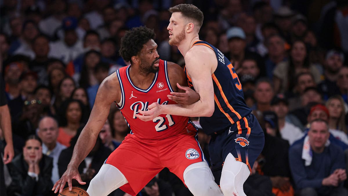 Philadelphia 76ers center Joel Embiid (21) is defended by New York Knicks center Isaiah Hartenstein (55) during the second half during game two of the first round for the 2024 NBA playoffs at Madison Square Garden