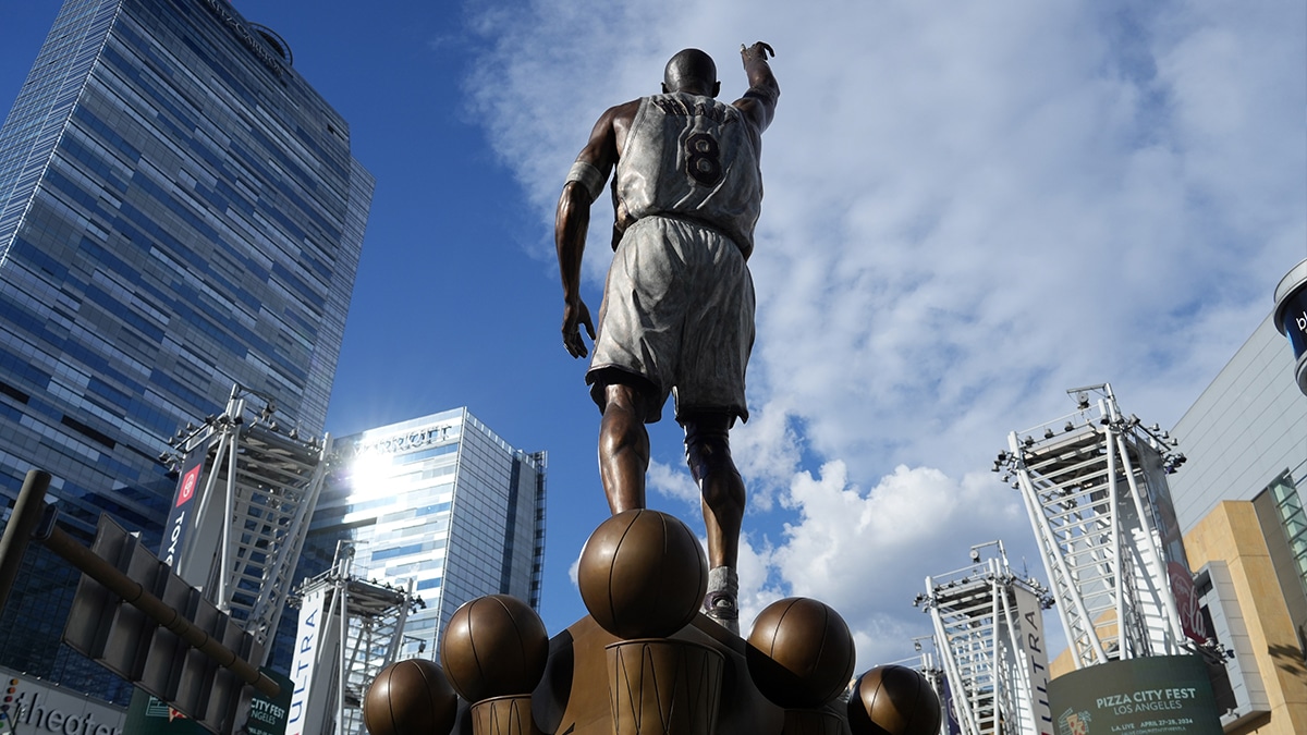 Mar 18, 2024; Los Angeles, California, USA; A statue of Kobe Bryant at Crypto.com Arena. Mandatory Credit: Kirby Lee-USA TODAY Sports