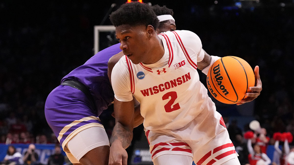 Wisconsin Badgers guard AJ Storr (2) dribbles the ball against the James Madison Dukes in the first round of the 2024 NCAA Tournament at the Barclays Center.