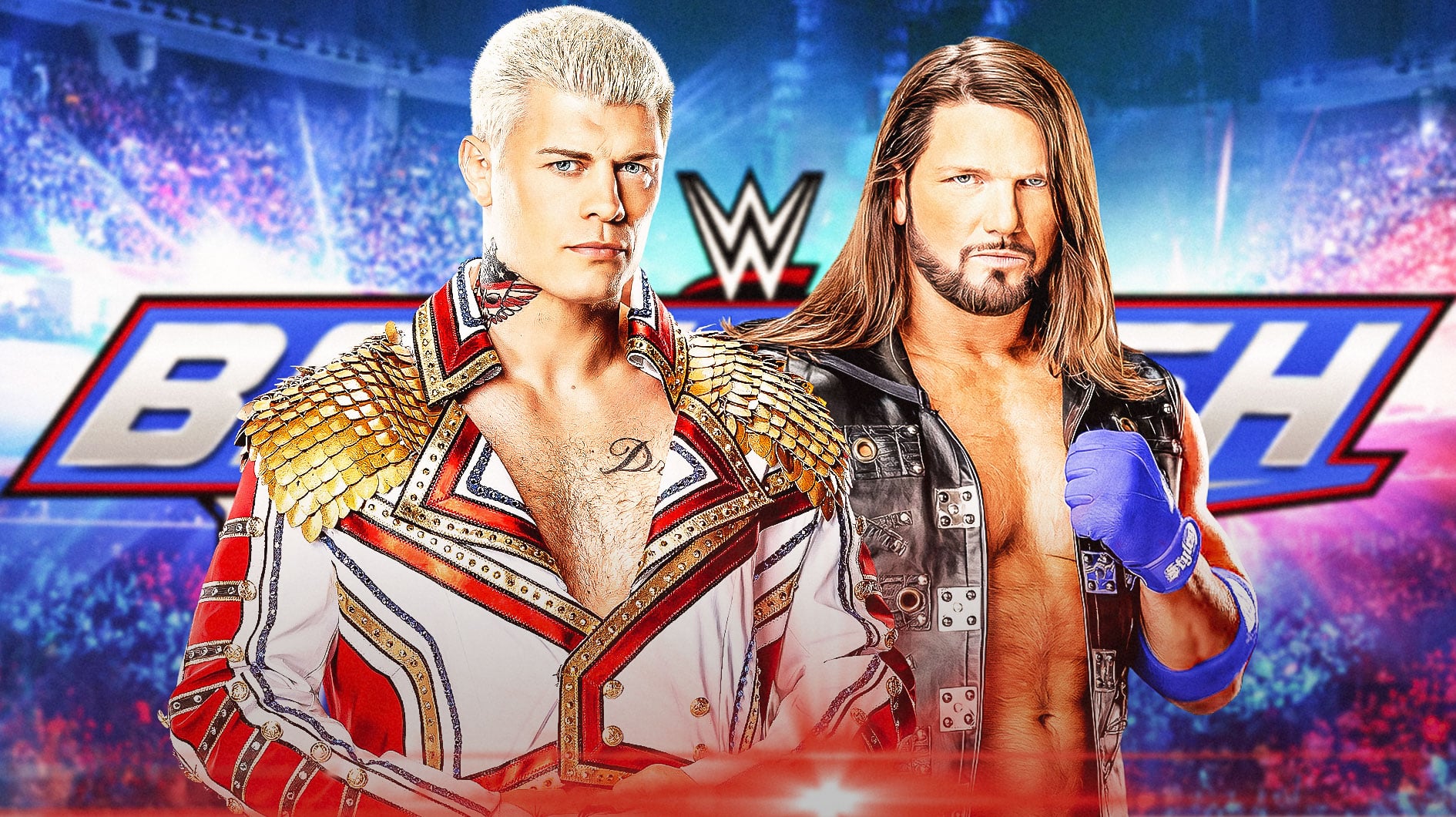 Cody Rhodes and AJ Styles in front of the 2024 WWE Backlash logo.