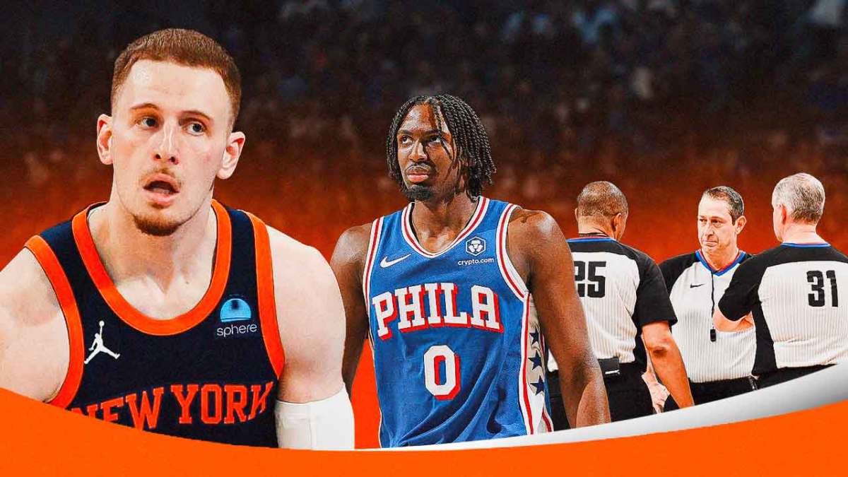 Knicks' Donte DiVincnezo and 76ers' Tyrese Maxey with referees