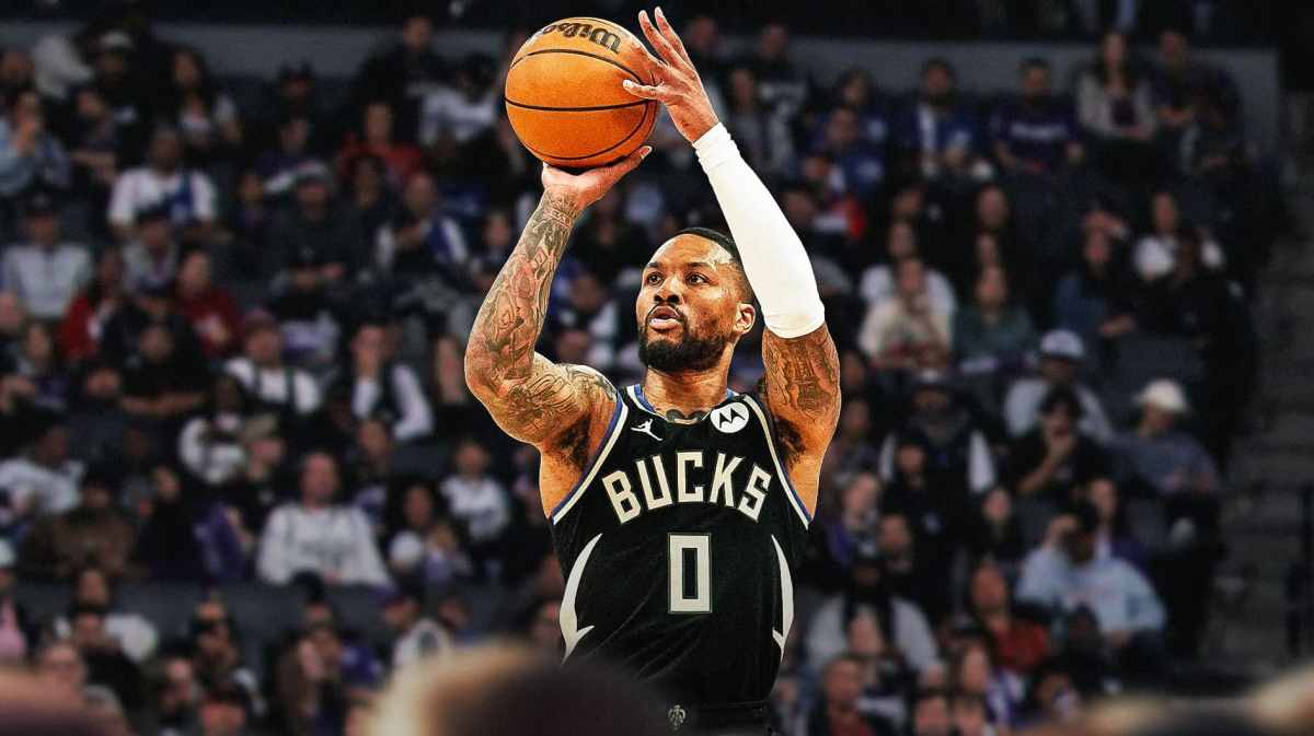 Damian Lillard (Bucks) shooting a ball that is on fire