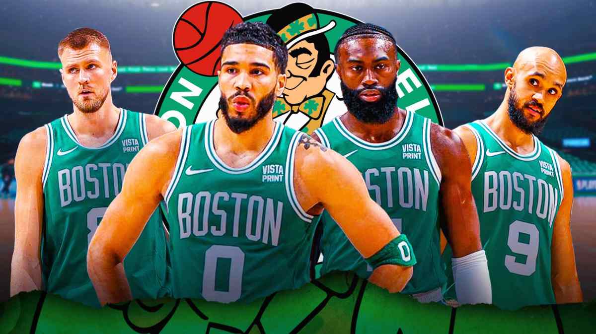 Celtics Kristaps Porzingis and Jrue Holiday stand in front of Heat crowd with starters