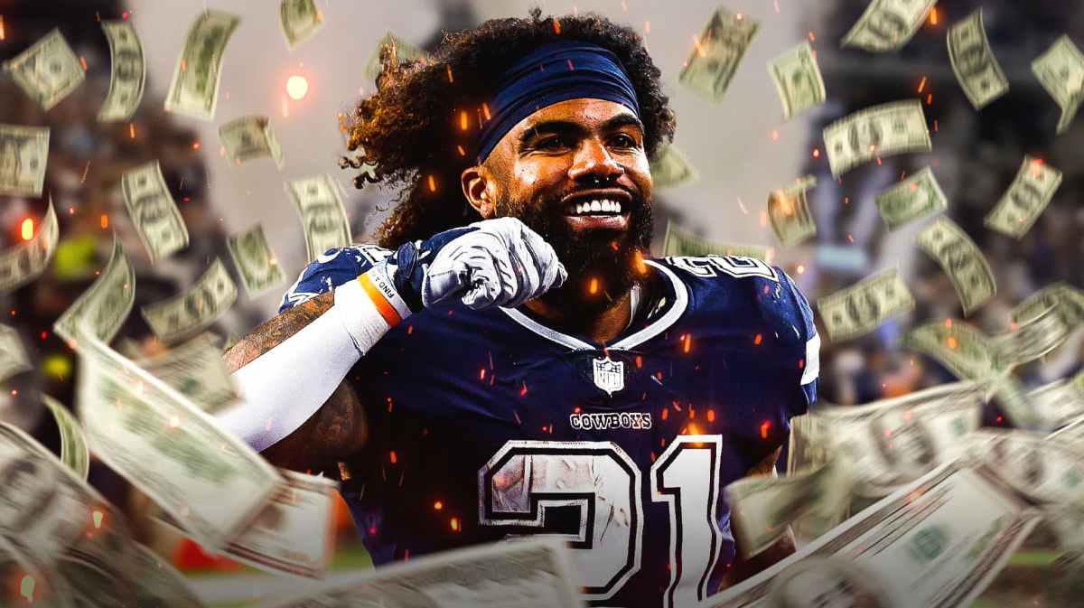 Ezekiel Elliott in Dallas Cowboys jersey looking happy with fire around him, Dallas Cowboys logo, money to represent contract, football field in background