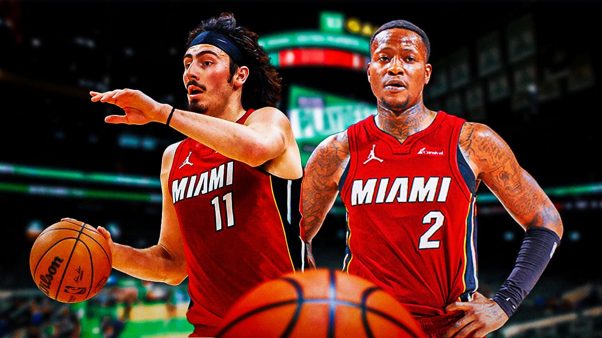 Miami Heat stars Jaime Jaquez Jr. and Terry Rozier in front of TD Garden.
