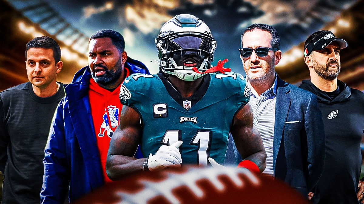Patriots Eliot Wolf and Jerod Mayo on the left, Eagles A.J. Brown in the middle, Howie Roseman and Nick Sirianni on the right.