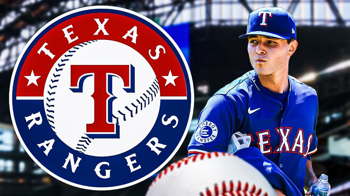 Jack Leiter next to a Rangers logo at Globe Life Field