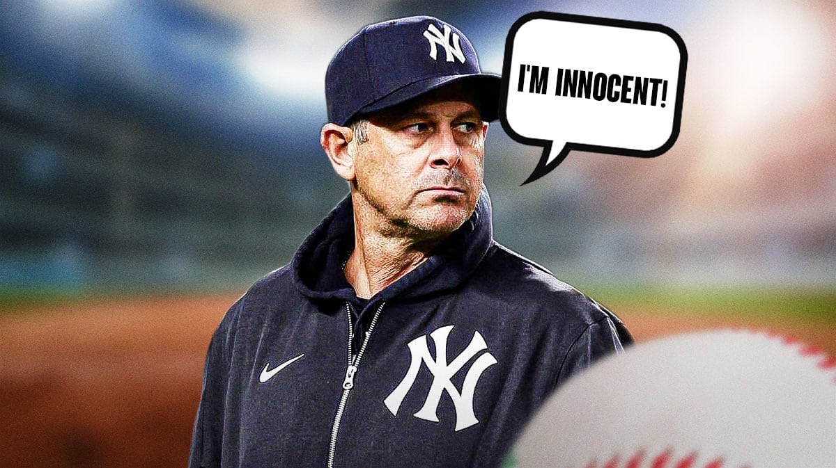 Yankees manager Aaron Boone with speech bubble: 'I'm innocent!'