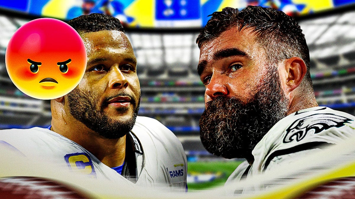 Aaron Donald with angry emojis near him. Jason Kelce