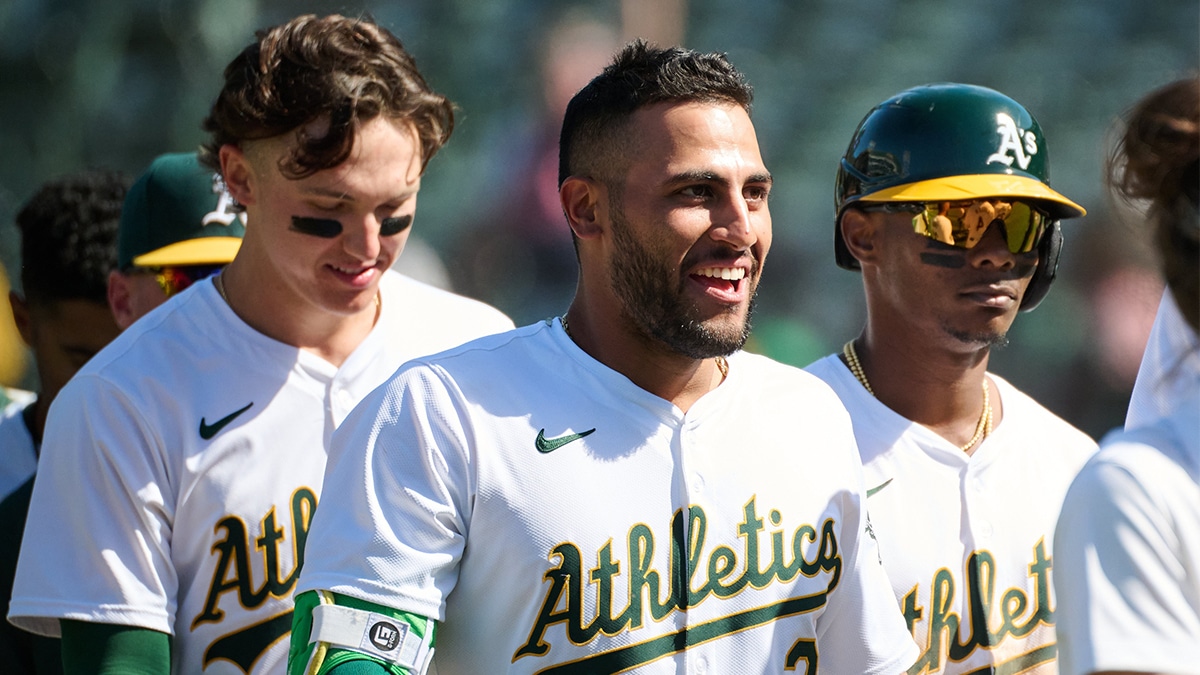 Oakland Athletics infielder Abraham Toro (31) reacts after a walk-off win against the Cleveland Guardians during the ninth inning at Oakland-Alameda County Coliseum.