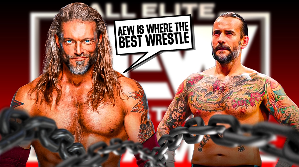 Adam Copeland with a text bubble reading, "AEW is where the best wrestle." next to CM Punk with the AEW logo as the background.