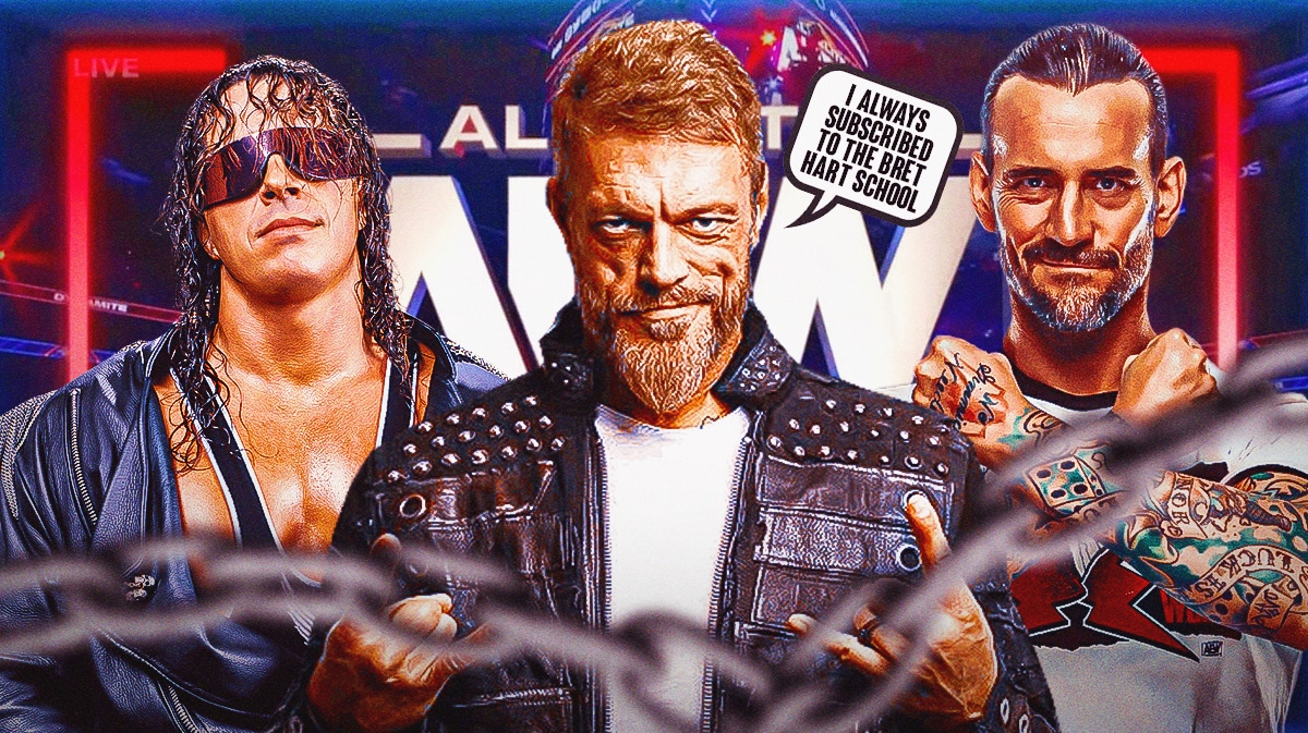 Adam Copeland with a text bubble reading "I always subscribed to the Bret Hart school" with CM Punk on his left and Bret Hart on his right with the AEW Dynamite logo as the background.