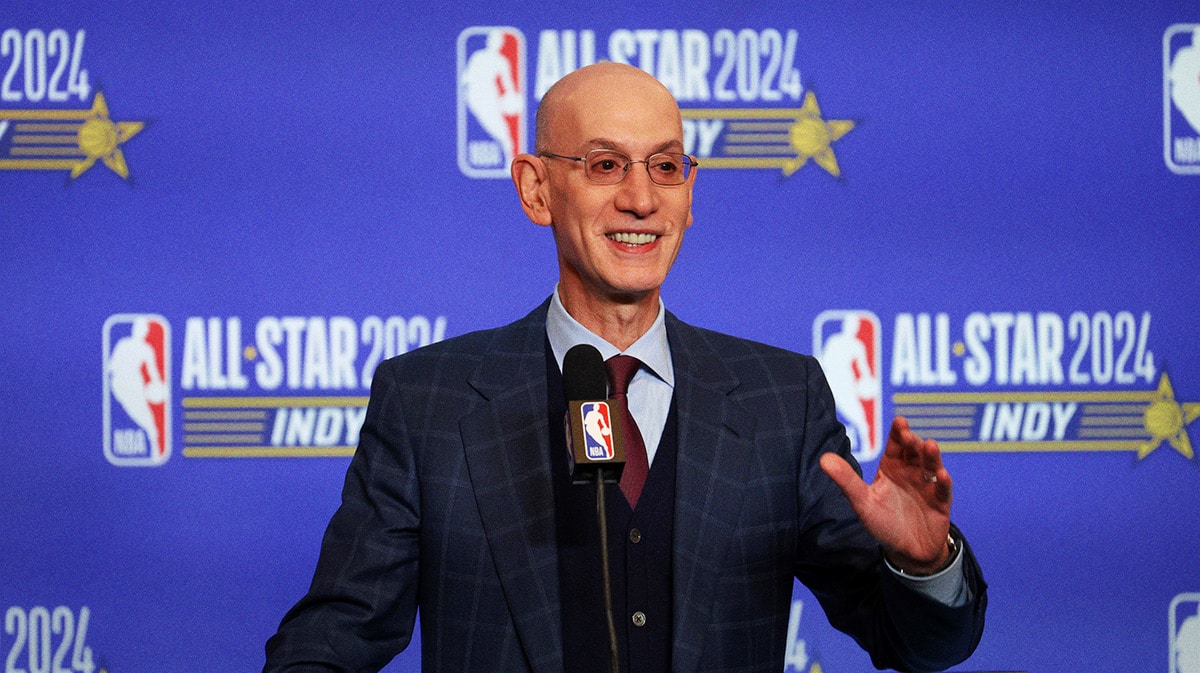 NBA Commissioner Adam Silver talks to media during a press conference before NBA All Star Saturday Night at Lucas Oil Stadium.