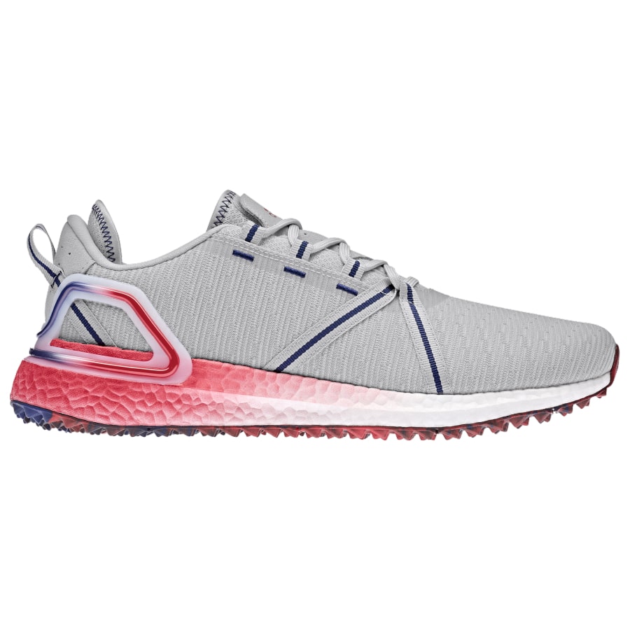 Adidas Solarthon Golf Shoes - Gray/Vivid Red/Victory Blue colorway on a white background.