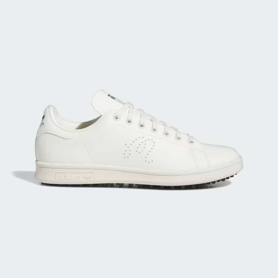 Adidas x Malbon Stan Smith Spikeless Golf Shoes - Off White/Off White/Collegiate Navy colorway on a light gray background.