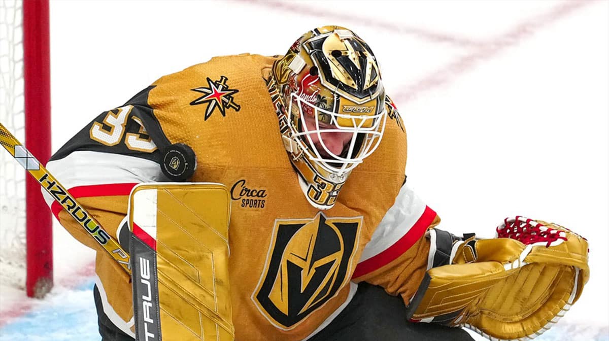 Vegas Golden Knights goaltender Adin Hill (33) makes a save against the Anaheim Ducks during the third period at T-Mobile Arena.