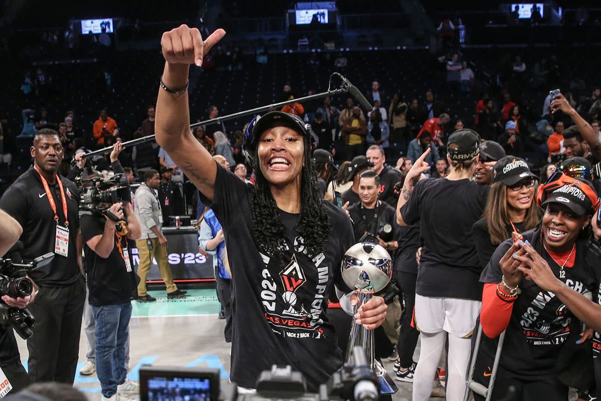 Las Vegas Aces forward A'ja Wilson (22) celebrates after winning thhe 2023 WNBA Finals.